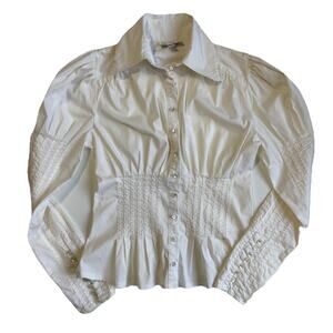 Bebe Womens Button Up Shirt Medium White Cinch Waist Balloon Sleeve Tailored Y2K